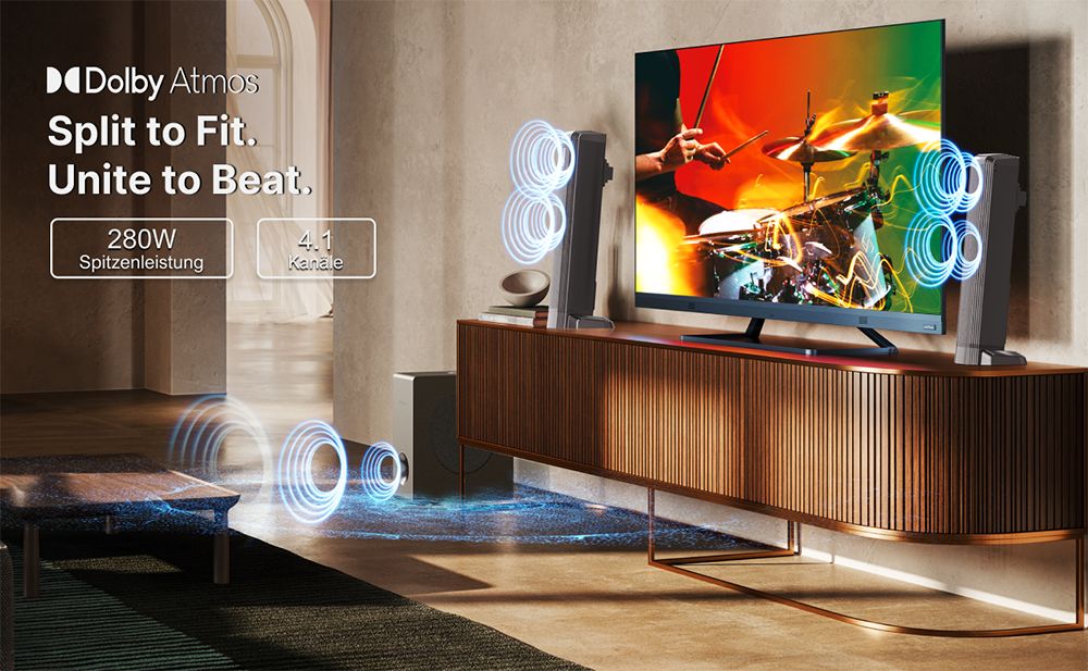 ULTIMEA Apollo S60 Abnehmbare Soundbar mit Subwoofer, 4.1 Kanal, Bluetooth 5.3, 3 EQ-Modi, 280 W Spitzenleistung
