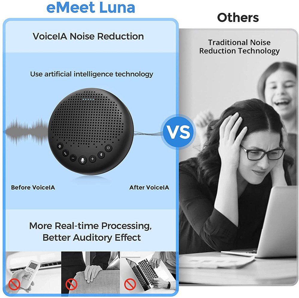 eMeet Luna Lite Portable Bluetooth Conference Speaker with Microphones, Voice AI Noise Cancelling, USB / Bluetooth / Wireless Adapter / AUX Connection, Daisy Chain, 360° Voice Pickup