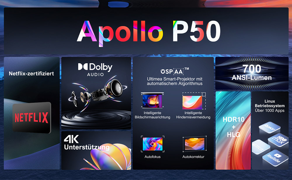 [Netflix 1080P] Ultimea Apollo P50 Beamer, 800 ANSI Lumen, Native 1080P Projektor, Dolby Audio, Automatische Bildschirmanpassung und Objektvermeidung, WiFi 6, Bluetooth 5.3