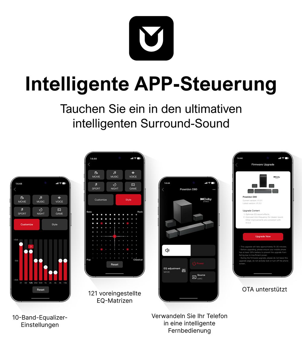 ULTIMEA Poseidon D80 7.1-Kanal-Soundbar-Subwoofer-Lautsprecher-Kit, Dolby Atmos, 460 W Spitzenleistung, APP-Steuerung, 10-Band-Equalizer-Einstellungen, 121 voreingestellte EQ-Matrizen, Bluetooth 5.3