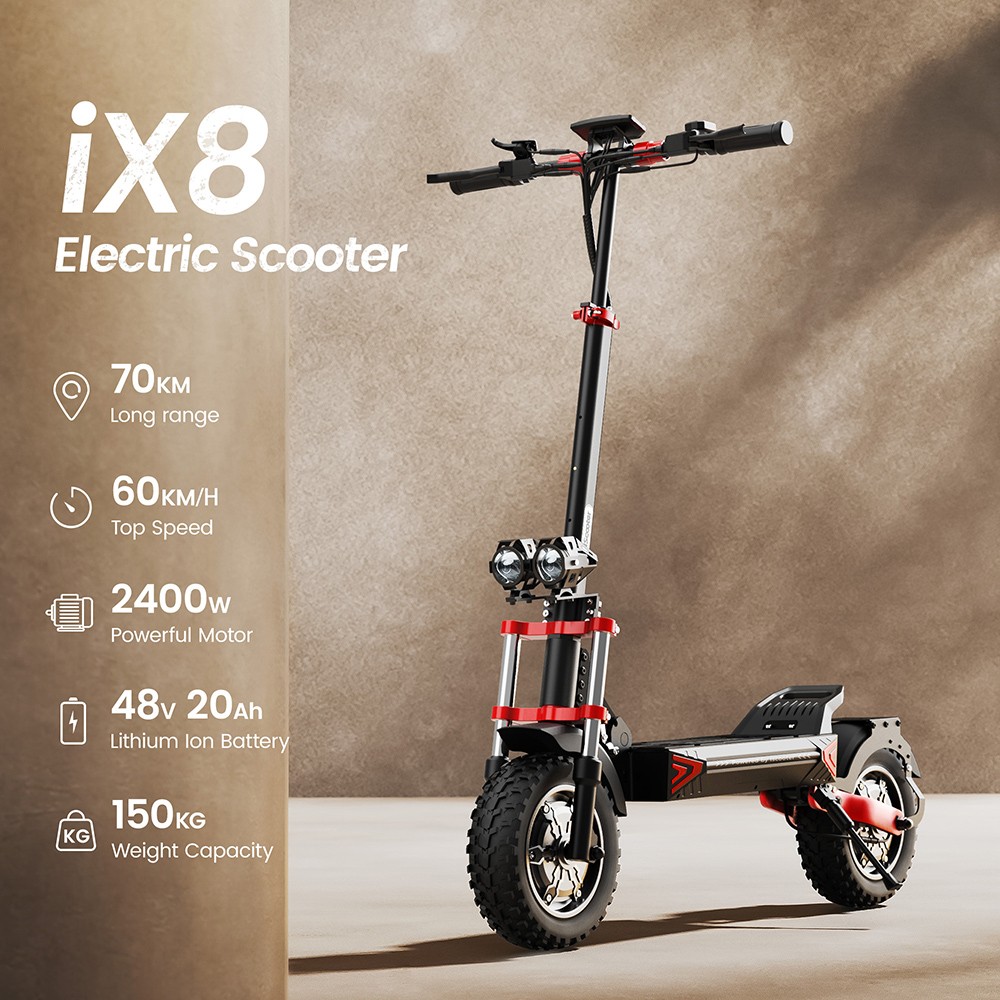 iScooter iX8 Electric Scooter, 2*1200W motor, 48V 20AH batéria, 12-palcová pneumatika, max. rýchlosť 60 km/h, dojazd 70 km, dvojité hydraulické kotúčové brzdy, predné & zadné odpruženie