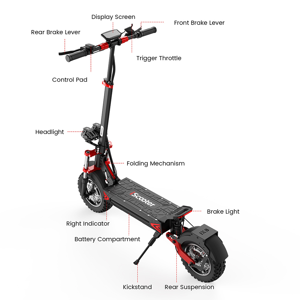 iScooter iX8 Electric Scooter, 2*1200W motor, 48V 20AH batéria, 12-palcová pneumatika, max. rýchlosť 60 km/h, dojazd 70 km, dvojité hydraulické kotúčové brzdy, predné & zadné odpruženie