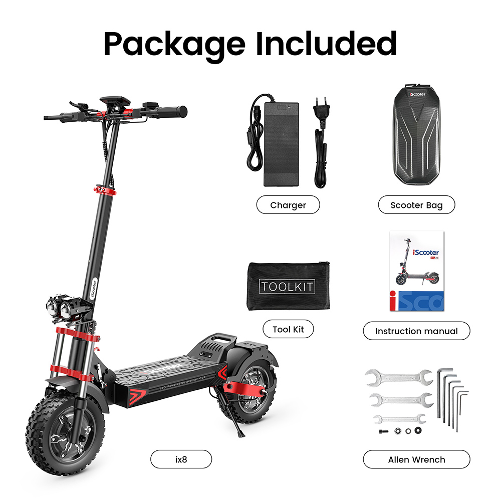 iScooter iX8 Electric Scooter, 2*1200W motor, 48V 20AH batéria, 12-palcová pneumatika, max. rýchlosť 60 km/h, dojazd 70 km, dvojité hydraulické kotúčové brzdy, predné & zadné odpruženie