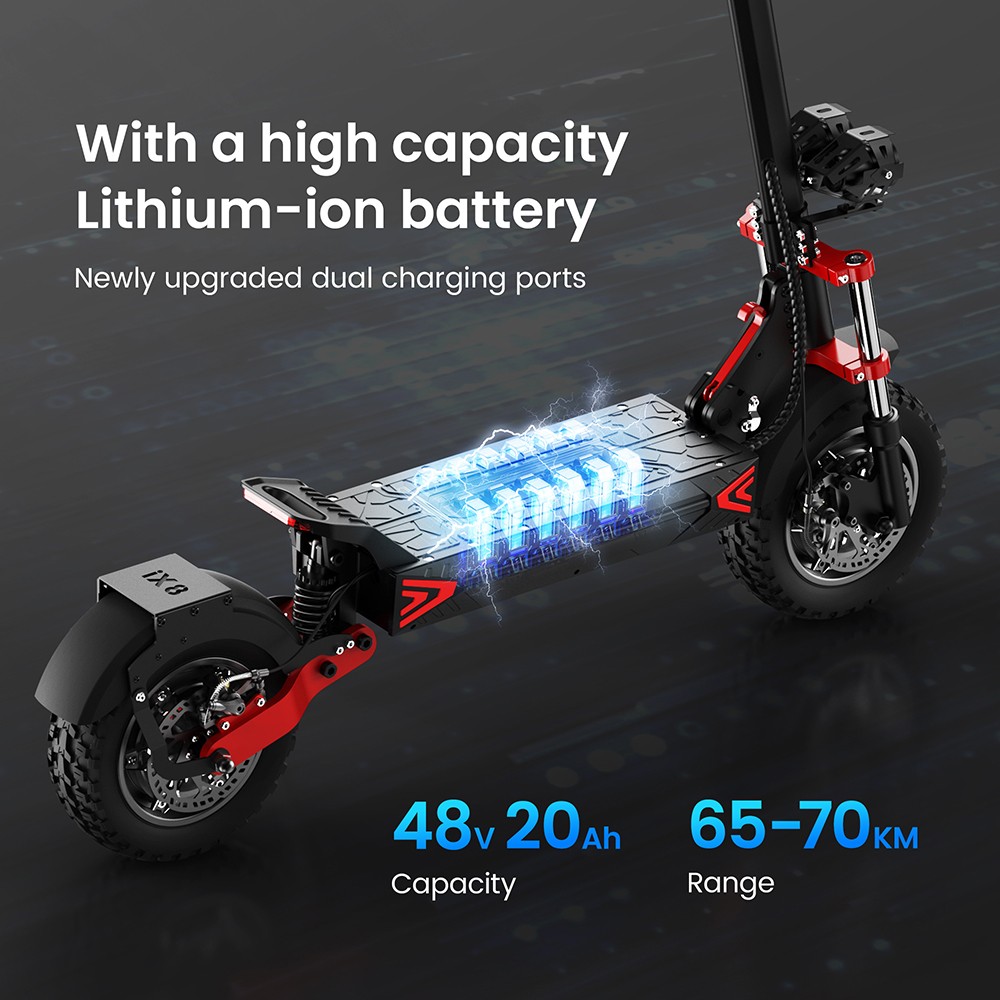 iScooter iX8 Electric Scooter, 2*1200W motor, 48V 20AH batéria, 12-palcová pneumatika, max. rýchlosť 60 km/h, dojazd 70 km, dvojité hydraulické kotúčové brzdy, predné & zadné odpruženie