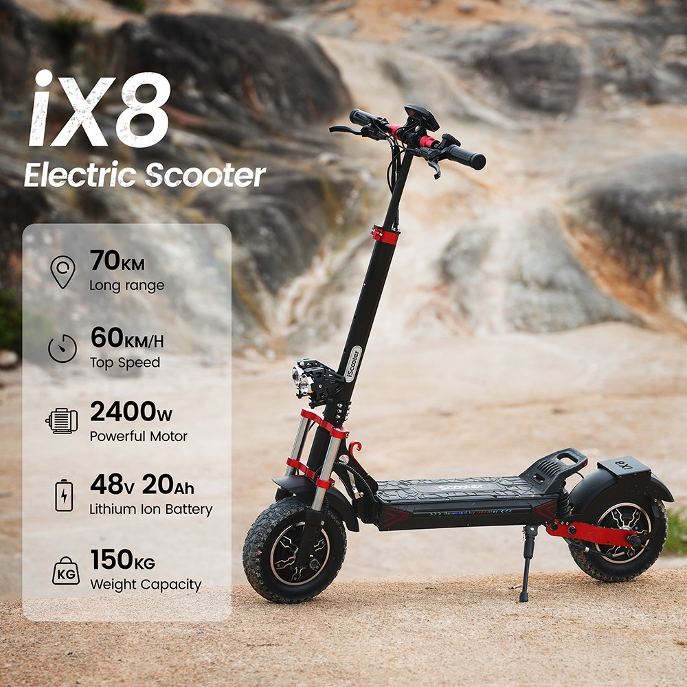 iScooter iX8 Electric Scooter, 2*1200W motor, 48V 20AH batéria, 12-palcová pneumatika, max. rýchlosť 60 km/h, dojazd 70 km, dvojité hydraulické kotúčové brzdy, predné & zadné odpruženie