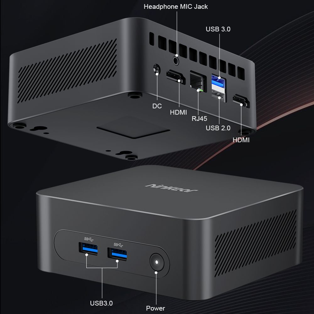 Ninkear N10 Mini PC, Intel N100 4 jadrá max. 3,4 GHz, 16 GB RAM 512 GB SSD, 2*HDMI 2.0 (4K@60Hz) Dual Display, 2,4/5GHz WiFi Bluetooth 5.0, 3*USB 3.0 1*USB 2.0 1*RJ45 1*Headphone Jack