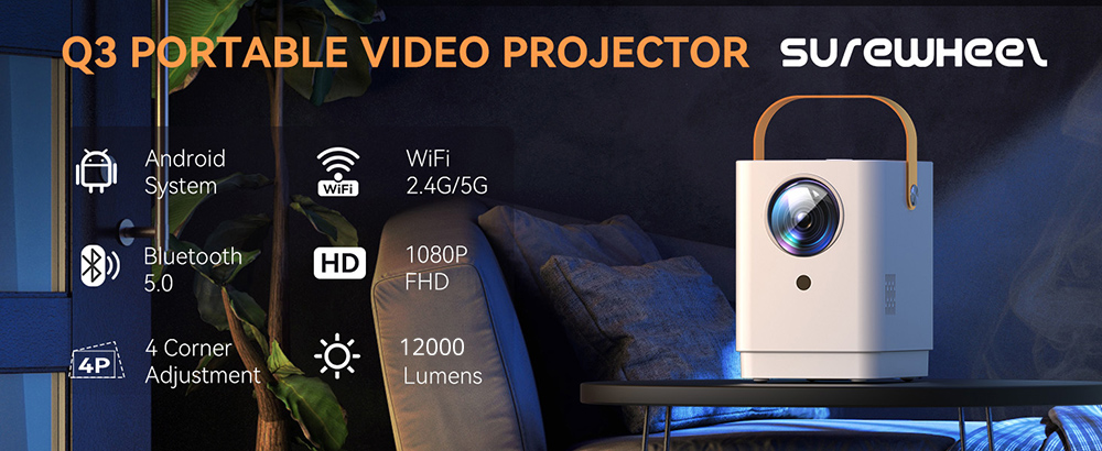 Projektor SUREWHEEL Q3 so statívom, FHD 1080P, podpora 4K, 300-palcový displej, 5G WiFi & Bluetooth 5.0, 12000 lúmenov, lichobežníková korekcia