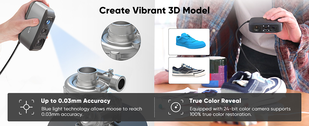 3DMakerpro Moose 3D Scanner,  Al Visual Tracking, 0.03mm Accuracy, 0.07mm Resolution, Blue LED Light Source, 24-bit Color Camera, 10fps Frame Rate, Anti-Shake Lenses, Compatible with Windows/MacOS