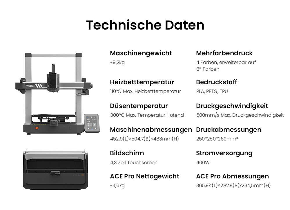 Anycubic Kobra 3 3D Drucker mit ACE Pro Combo + 6kg Creality Hyper-PLA Filament - 2kg Schwarz/Wei&szlig;/Grau