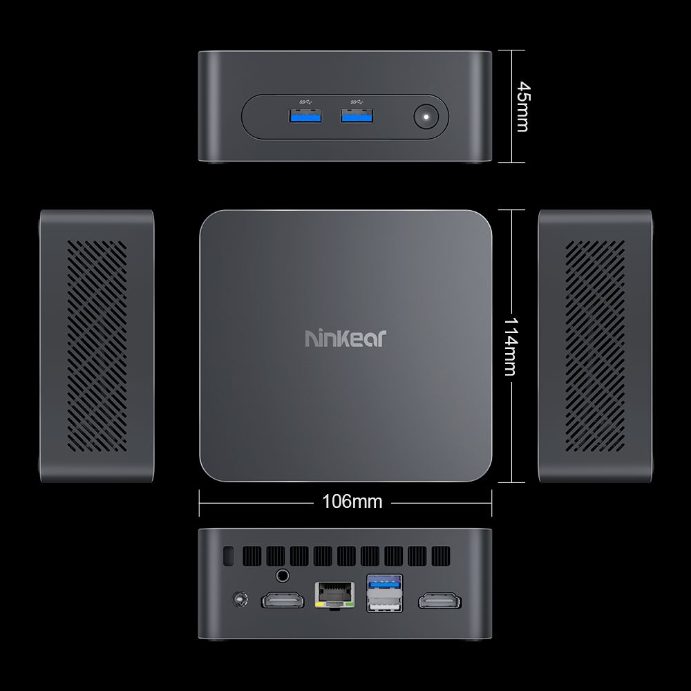 Ninkear N10 Mini PC, Intel N100 4 jadrá max. 3,4GHz, 16GB RAM 512GB SSD, 2*HDMI 2.0 (4K@60Hz) Dual Display, 2,4/5GHz WiFi Bluetooth 5.0, 3*USB 3.0 1*USB 2.0 1*RJ45 1*Headphone Jack