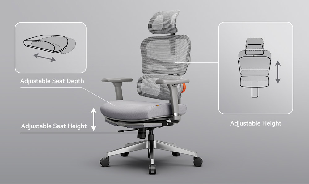 Ergonomická stolička NEWTRAL NT002, adaptívna opierka dolnej časti chrbta, nastaviteľná opierka hlavy podnožka, sivá