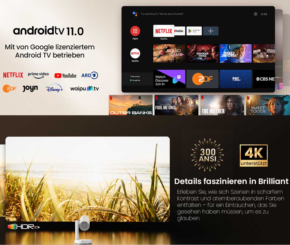 ETOE Starfish Beamer,  Android TV 11.0, Individuelle Touch-Nachtlichtfunktion mit Mehrfarbigem Licht, 140&deg; Rotation, 150 Zoll, 300 ANSI, 4K-Decodierung, automatische Keystone-Korrektur, integrierter Chromecast, 5W-Lautsprecher