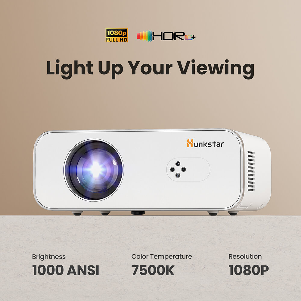 Hunkstar P3 AOSP Projektor, 1000 ANSI, Natív 1080P, 4K dekódolás, HDR10, Automatikus trapézkorrekció és autofókusz, Android 9.0 támogatás, WiFi 6, 2 x 5 W-os hangszóró