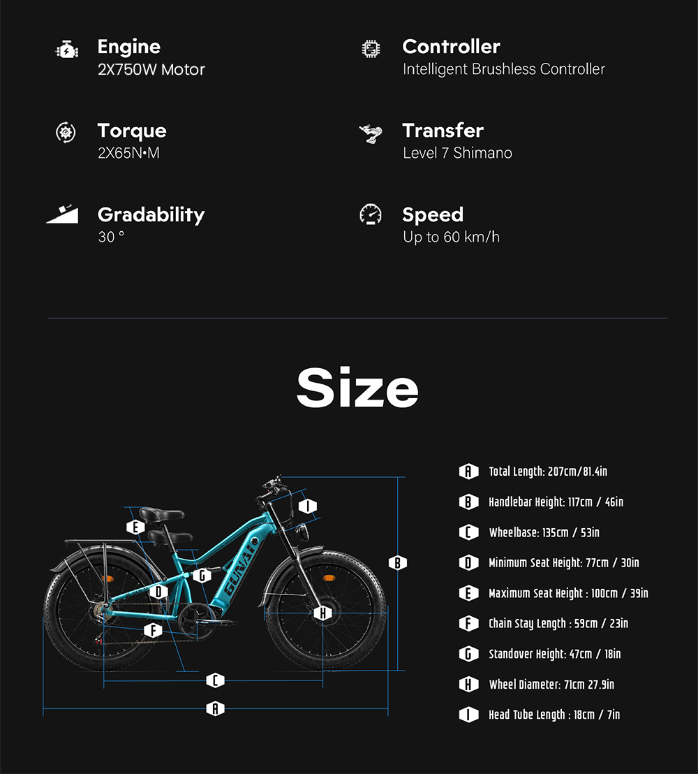 Elektrobicykel GUNAI-M2, 2*750W motor, 48V 17,5AH batéria, 26*4.0 palcové pneumatiky, max. rýchlosť 60 km/h, dojazd 55 km, hydraulické kotúčové brzdy, dvojité odpruženie, 7-stupňová prevodovka Shimano