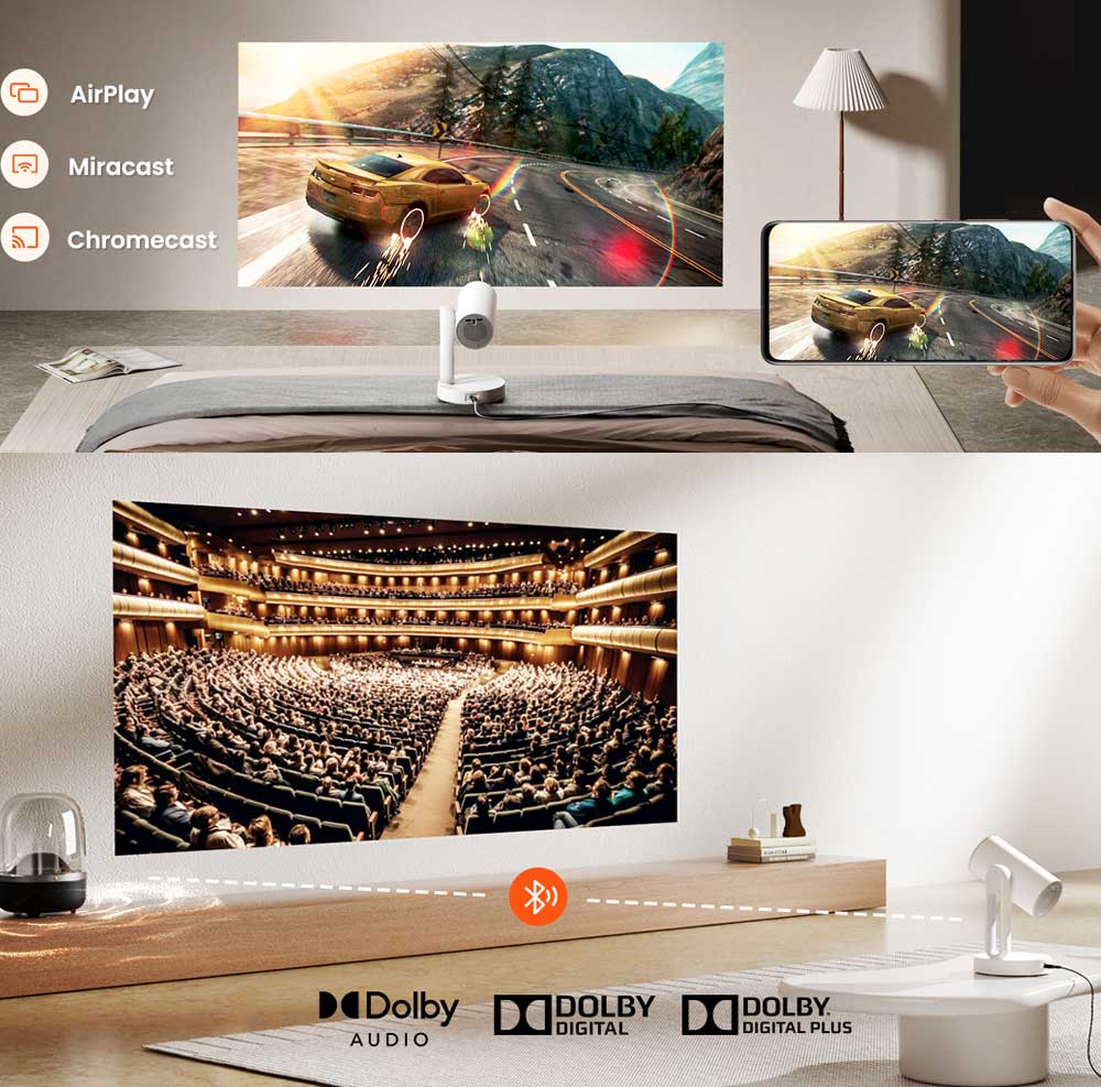 ETOE Starfish Beamer,  Android TV 11.0, Individuelle Touch-Nachtlichtfunktion mit Mehrfarbigem Licht, 140&deg; Rotation, 150 Zoll, 300 ANSI, 4K-Decodierung, automatische Keystone-Korrektur, integrierter Chromecast, 5W-Lautsprecher