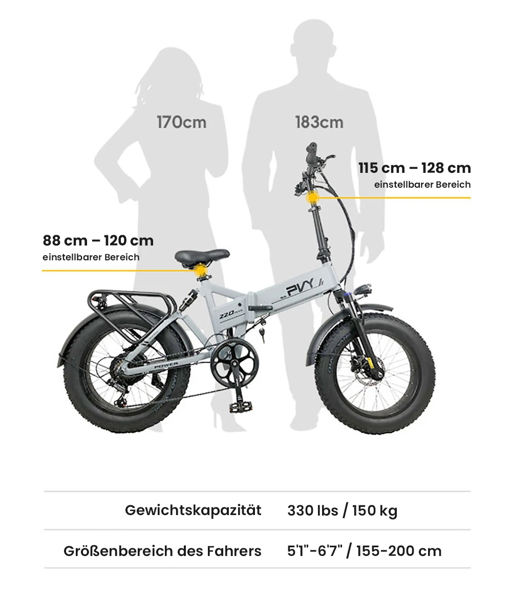 PVY Z20 Plus Faltbares E-Bike, 20 x 4,0 Zoll dicke Reifen, 1000-W-Motor, 50 km/h Geschwindigkeit, 16,5-Ah-Akku, 80&ndash;120 km Reichweite, 150 kg Tragkraft &ndash; Grau
