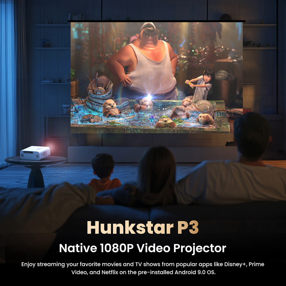Hunkstar P3 AOSP Projektor, 1000 ANSI, Natív 1080P, 4K dekódolás, HDR10, Automatikus trapézkorrekció és autofókusz, Android 9.0 támogatás, WiFi 6, 2 x 5 W-os hangszóró
