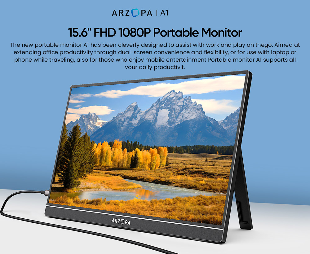 ARZOPA  A1 15.6-inch Portable Monitor,  1920*1080 FHD 16:9 IPS Screen, 60Hz Refresh Rate, 1200:1 Contrast Ratio, 1*Mini HDMI, 2*Full Function Type-C