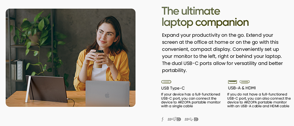 ARZOPA  A1 15.6-inch Portable Monitor,  1920*1080 FHD 16:9 IPS Screen, 60Hz Refresh Rate, 1200:1 Contrast Ratio, 1*Mini HDMI, 2*Full Function Type-C