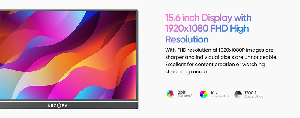 ARZOPA  A1 15.6-inch Portable Monitor,  1920*1080 FHD 16:9 IPS Screen, 60Hz Refresh Rate, 1200:1 Contrast Ratio, 1*Mini HDMI, 2*Full Function Type-C