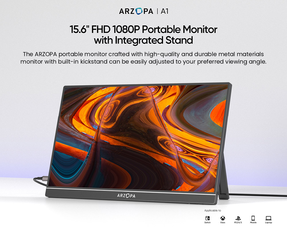 ARZOPA  A1 15.6-inch Portable Monitor,  1920*1080 FHD 16:9 IPS Screen, 60Hz Refresh Rate, 1200:1 Contrast Ratio, 1*Mini HDMI, 2*Full Function Type-C