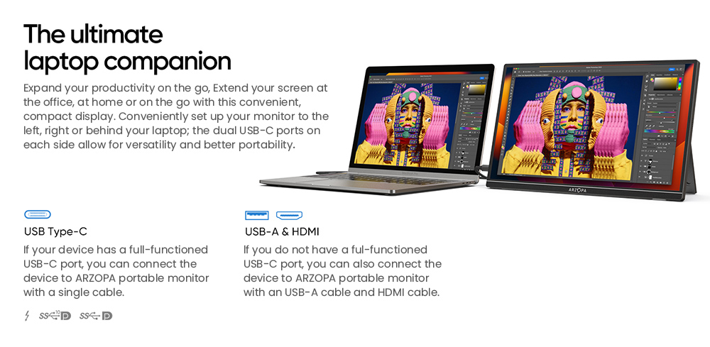 ARZOPA  A1S 14-inch Portable Monitor, 1920*1080 FHD 16:9 IPS Screen, 60Hz Refresh Rate, 1W*2 Built-in Speakers, 1*Mini HDMI, 2*Full Function Type-C, External Monitor for Laptop PC Phone Xbox PS4/5 Switch