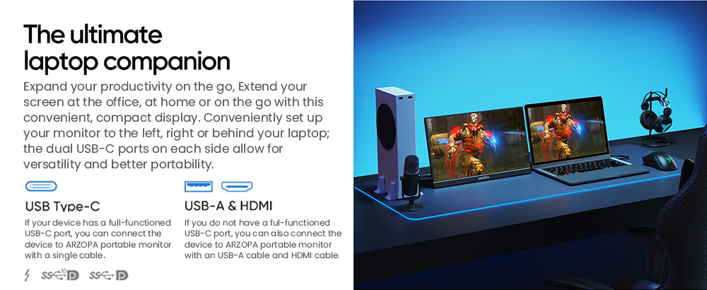 ARZOPA Z1FC 16.1-inch Portable Gaming Monitor, 144Hz Refresh Rate, 1920*1080 FHD 16:9 IPS Screen, Built-in Speakers, 1*Mini HDMI, 2*Full Function Type-C, Second Screen for Laptop, PC, Phone, PS4/5, Mac, Xbox, Switch