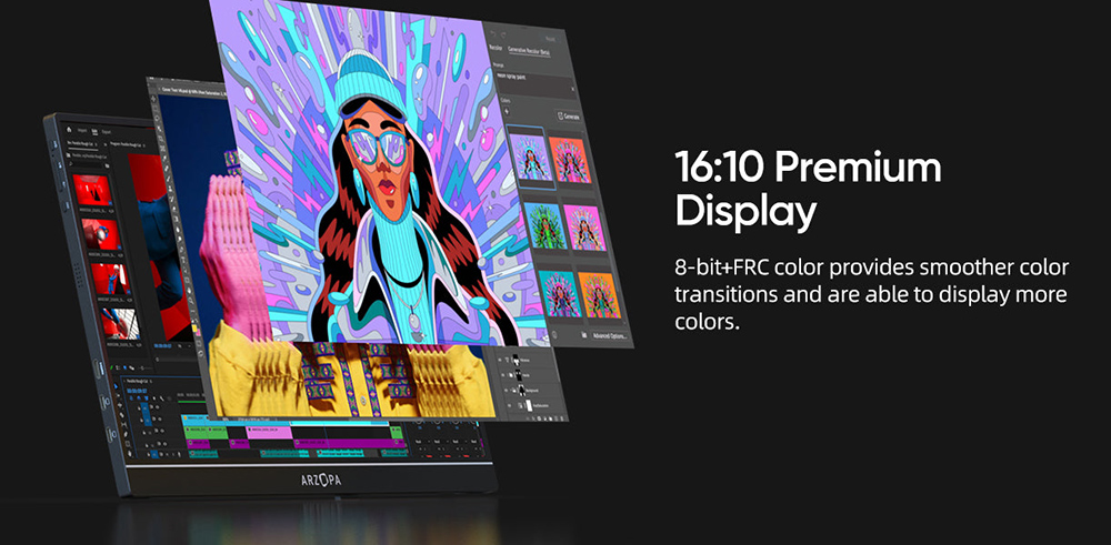 ARZOPA Z1RC 16 hüvelykes hordozható monitor, 2560*1600 QHD 16:10 IPS képernyő, 60Hz frissítési gyakoriság, 100% sRGB, 1W*2 beépített hangszóró, 1*Mini HDMI, 2*Teljes funkcionalitású Type-C