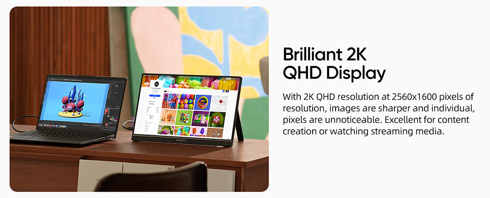 ARZOPA Z1RC 16 hüvelykes hordozható monitor, 2560*1600 QHD 16:10 IPS képernyő, 60Hz frissítési gyakoriság, 100% sRGB, 1W*2 beépített hangszóró, 1*Mini HDMI, 2*Teljes funkcionalitású Type-C