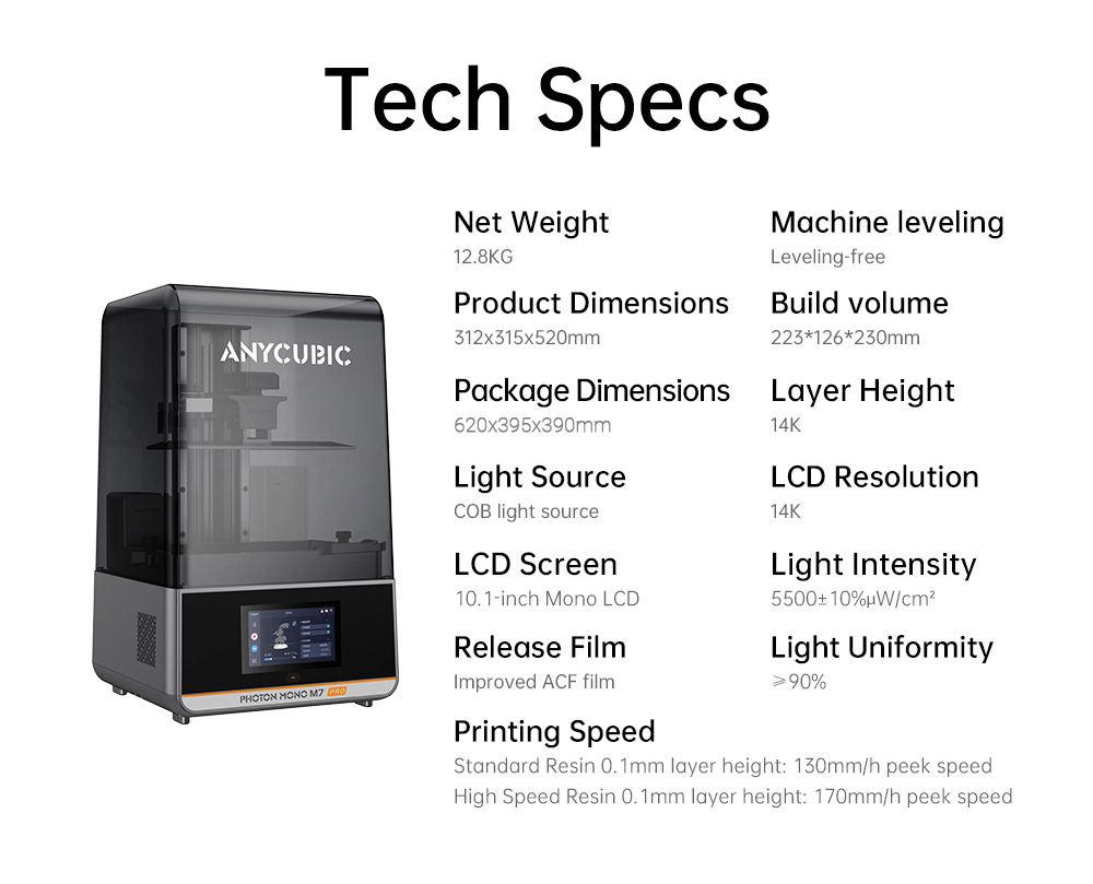 Anycubic Photon Mono M7 Pro Harz 3D Drucker, 14K COB LighTurbo 3.0 Quelle, 10.1&ldquo; Mono LCD, 0.1mm Schichth&ouml;he, 170mm/h Druckgeschwindigkeit, Auto-Adaptive, Auto Resin Refill, Dynamic Temp-Control Resin Vat, Leveling-free, 223*126*230mm