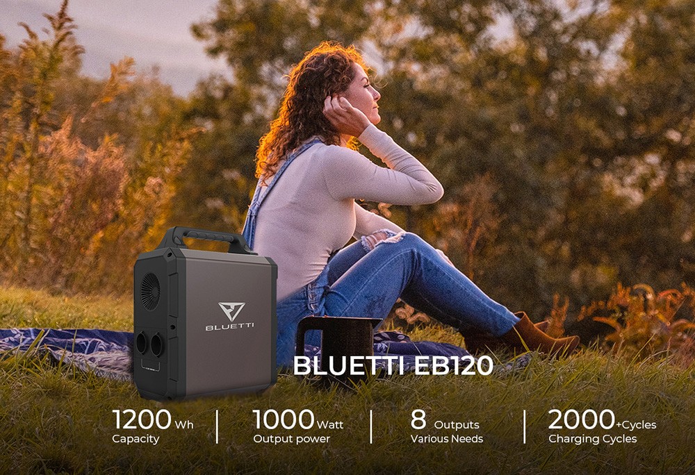 BLUETTI EB120 1000W Portable Power Station, 1200Wh Lithium Battery Solar Generators Power Supply with 2 x 220V AC Outlet