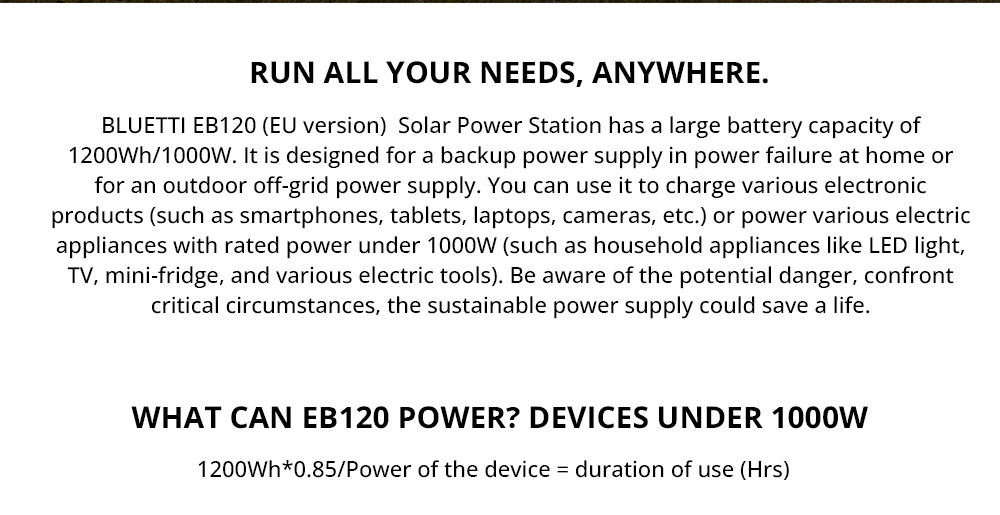 BLUETTI EB120 1000W Portable Power Station, 1200Wh Lithium Battery Solar Generators Power Supply with 2 x 220V AC Outlet