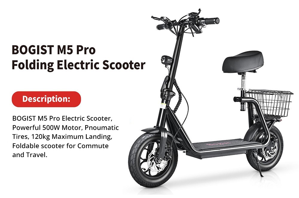 BOGIST M5 Pro Electric Scooter Seat and Cargo Carrier, 12 Inch Pneumatic Tire, 500W Motor, up to 40KM/H Shock Aborsbing