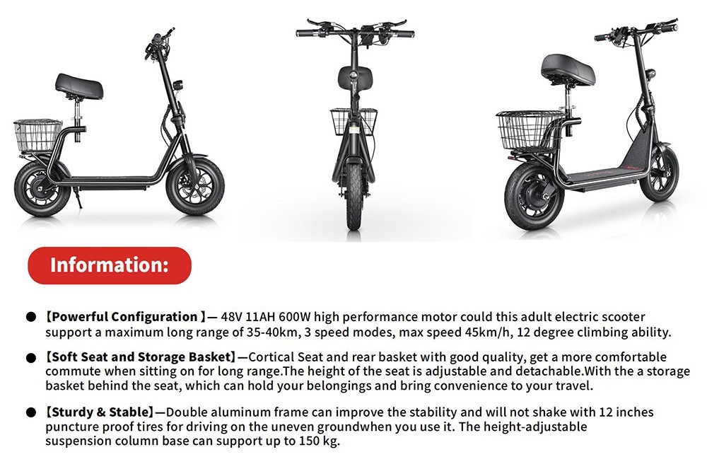 BOGIST M5 Pro Electric Scooter Seat and Cargo Carrier, 12 Inch Pneumatic Tire, 500W Motor, up to 40KM/H Shock Aborsbing