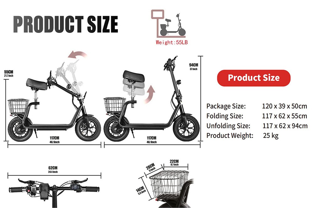 BOGIST M5 Pro Electric Scooter Seat and Cargo Carrier, 12 Inch Pneumatic Tire, 500W Motor, up to 40KM/H Shock Aborsbing