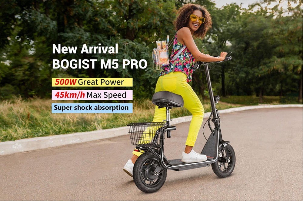 BOGIST M5 Pro Electric Scooter Seat and Cargo Carrier, 12 Inch Pneumatic Tire, 500W Motor, up to 40KM/H Shock Aborsbing