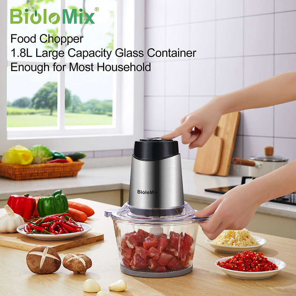 BioloMix P6001 500W Electric Meat Chopper, 1.8L sklenená misa kuchynského robota, dve rýchlosti, na zeleninu cibuľu cesnak