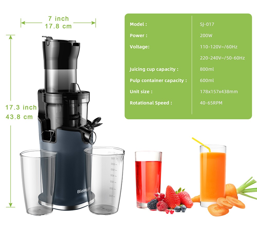 Odšťavovač BioloMix Cold Press Juicer, so 78mm/3.07in podávacím žľabom, 200W 40-65RPM výkonný motor, nízka hlučnosť Pomalý odšťavovač