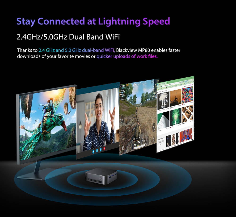 Blackview MP80 Mini-PC, Intel N95 4 Kerne bis zu 3,4 GHz, 16 GB LPDDR5 RAM 512 GB SSD, 3 * HDMI Dreifach-Bildschirm-Display, 2,4/5 GHz Dual-Band-WLAN Bluetooth 4.2, 3 * USB 3.0, 2 * RJ45, 1 * 3,5 mm HP/MIC TRRS
