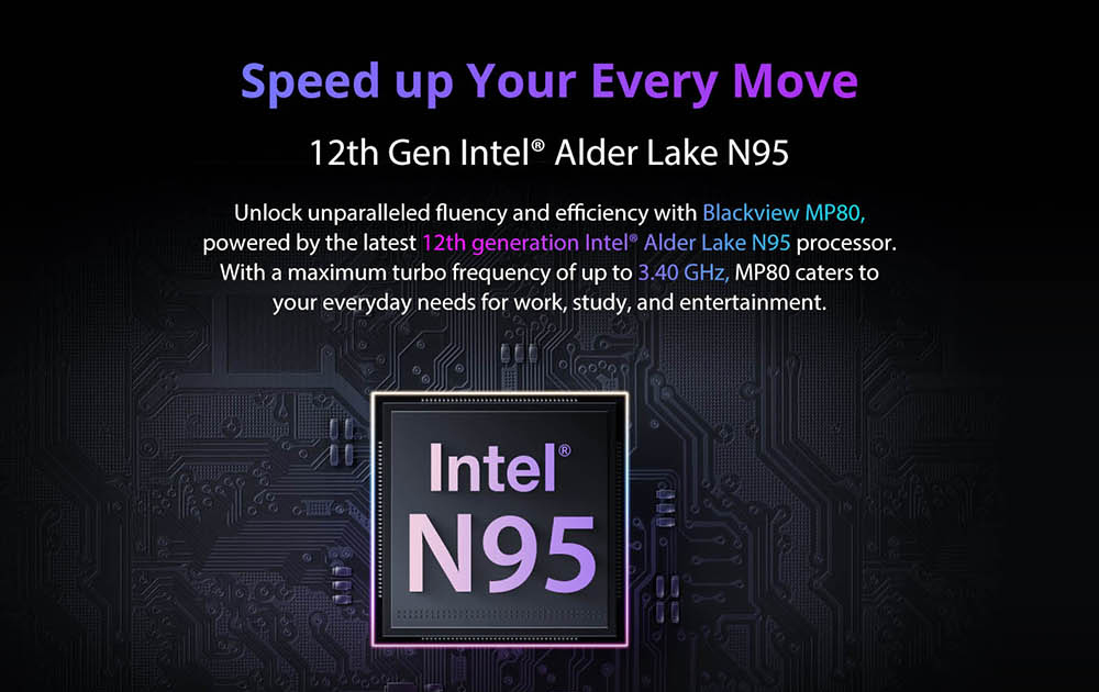 Blackview MP80 Mini-PC, Intel N95 4 Kerne bis zu 3,4 GHz, 16 GB LPDDR5 RAM 512 GB SSD, 3 * HDMI Dreifach-Bildschirm-Display, 2,4/5 GHz Dual-Band-WLAN Bluetooth 4.2, 3 * USB 3.0, 2 * RJ45, 1 * 3,5 mm HP/MIC TRRS
