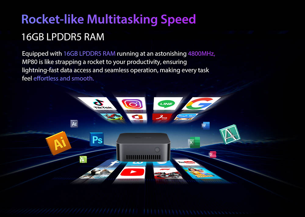 Blackview MP80 Mini-PC, Intel N95 4 Kerne bis zu 3,4 GHz, 16 GB LPDDR5 RAM 512 GB SSD, 3 * HDMI Dreifach-Bildschirm-Display, 2,4/5 GHz Dual-Band-WLAN Bluetooth 4.2, 3 * USB 3.0, 2 * RJ45, 1 * 3,5 mm HP/MIC TRRS