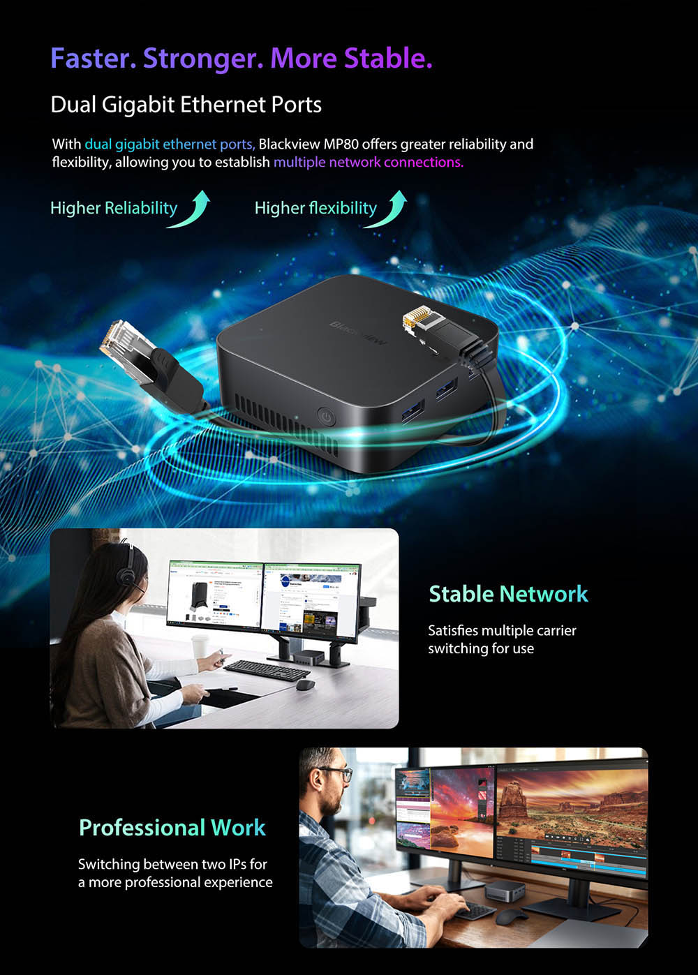 Blackview MP80 Mini-PC, Intel N95 4 Kerne bis zu 3,4 GHz, 16 GB LPDDR5 RAM 512 GB SSD, 3 * HDMI Dreifach-Bildschirm-Display, 2,4/5 GHz Dual-Band-WLAN Bluetooth 4.2, 3 * USB 3.0, 2 * RJ45, 1 * 3,5 mm HP/MIC TRRS