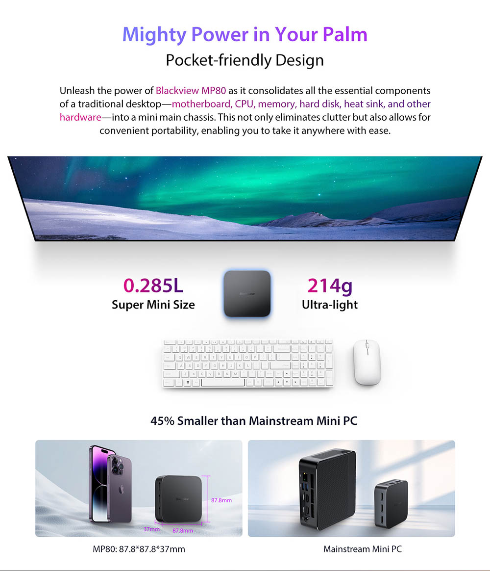 Blackview MP80 Mini-PC, Intel N95 4 Kerne bis zu 3,4 GHz, 16 GB LPDDR5 RAM 512 GB SSD, 3 * HDMI Dreifach-Bildschirm-Display, 2,4/5 GHz Dual-Band-WLAN Bluetooth 4.2, 3 * USB 3.0, 2 * RJ45, 1 * 3,5 mm HP/MIC TRRS