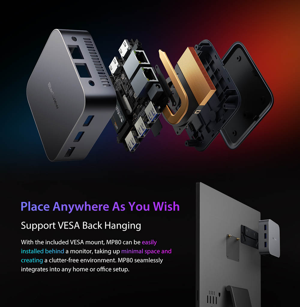 Blackview MP80 Mini-PC, Intel N95 4 Kerne bis zu 3,4 GHz, 16 GB LPDDR5 RAM 512 GB SSD, 3 * HDMI Dreifach-Bildschirm-Display, 2,4/5 GHz Dual-Band-WLAN Bluetooth 4.2, 3 * USB 3.0, 2 * RJ45, 1 * 3,5 mm HP/MIC TRRS