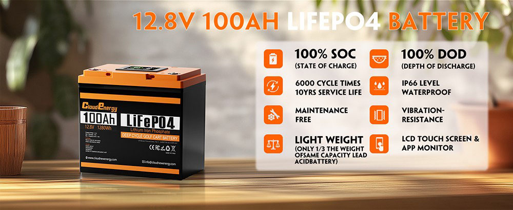 Cloudenergy 12V 100Ah LiFePO4 Battery Pack Backup Power, 1280Wh energie, 6000+ cyklov, vstavaná 100A BMS, LCD displej, podpora v sérii/paralelne, nahradenie väčšiny záložných zdrojov, RV, lode, solárne, Trolling motor, mimo siete