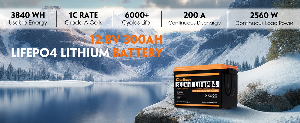 Cloudenergy 12V 300Ah LiFePO4 Battery Pack Backup Power, 3840Wh Energy, 6000+ Cycles, Built-in 200A BMS, LCD Screen, Support in Series/Parallel, Replacing Most of Backup Power, RV, Boats, Solar, Trolling motor, Off-Grid