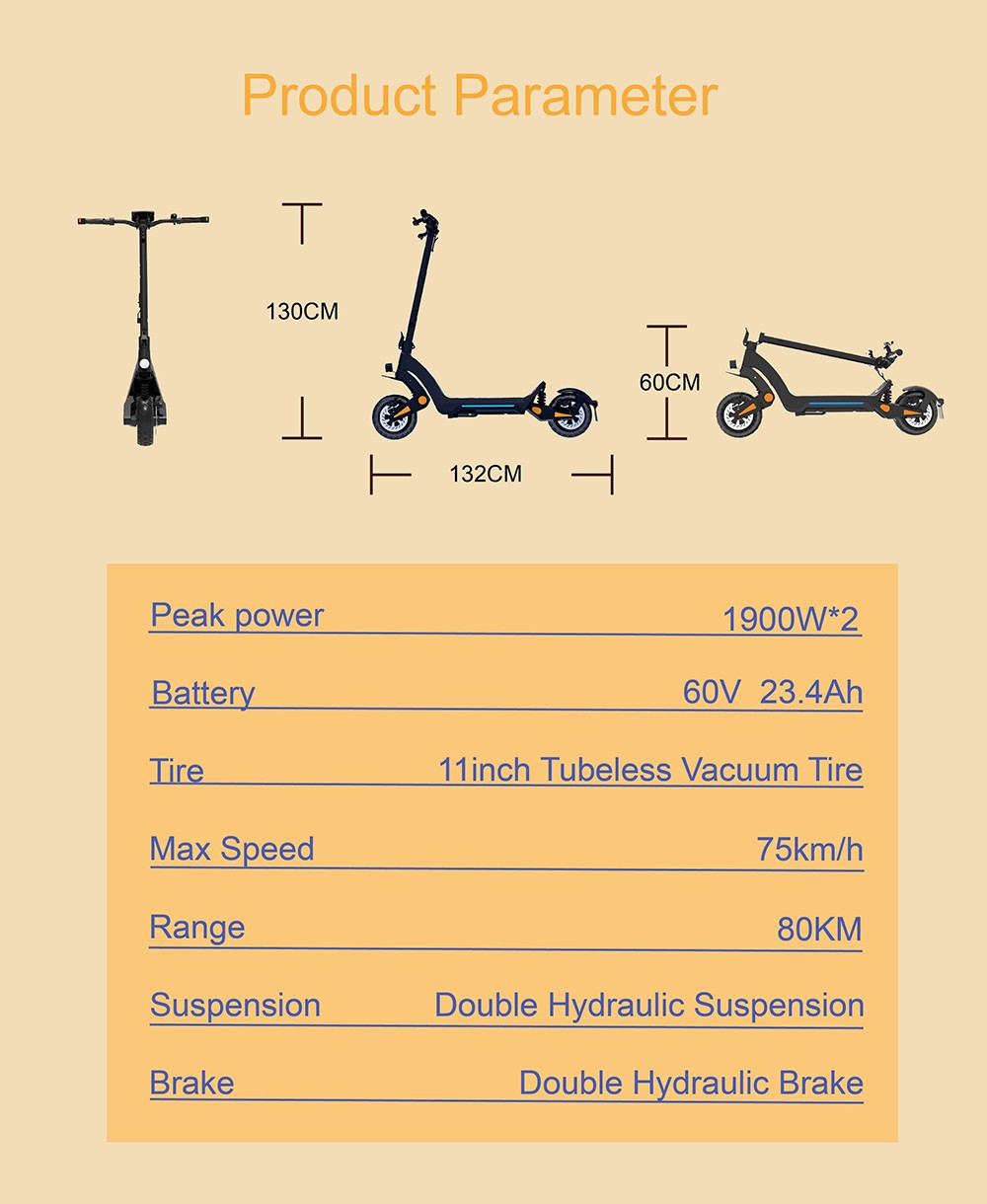 DT06 Elektrický skúter, 2*1900W motor, 60V 23.4Ah batéria, 11-palcová pneumatika, max. rýchlosť 75 km/h, dojazd 85 km, duálna hydraulická brzda & hydraulický pružinový tlmič