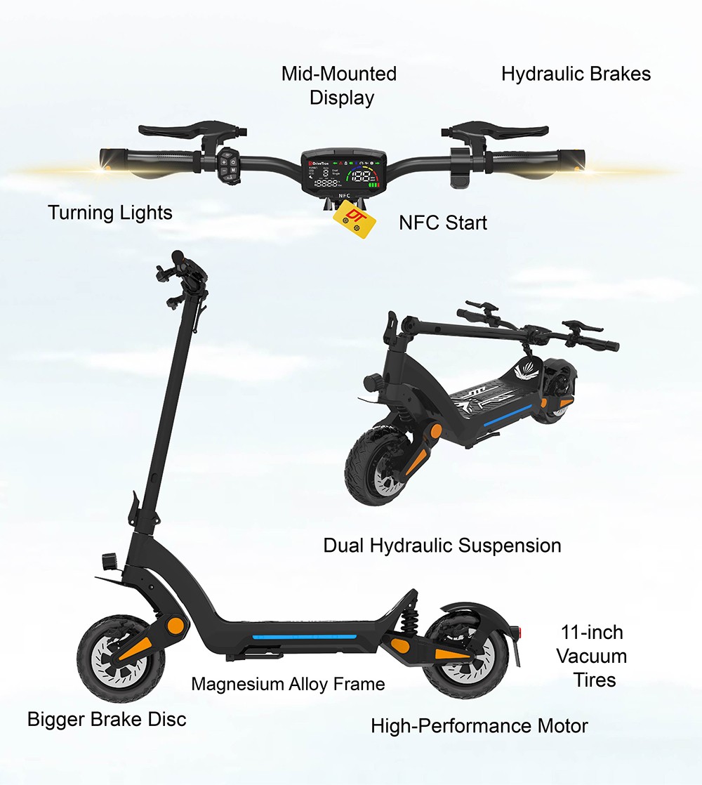 DT06 Elektrický skúter, 2*1900W motor, 60V 23.4Ah batéria, 11-palcová pneumatika, max. rýchlosť 75 km/h, dojazd 85 km, duálna hydraulická brzda & hydraulický pružinový tlmič