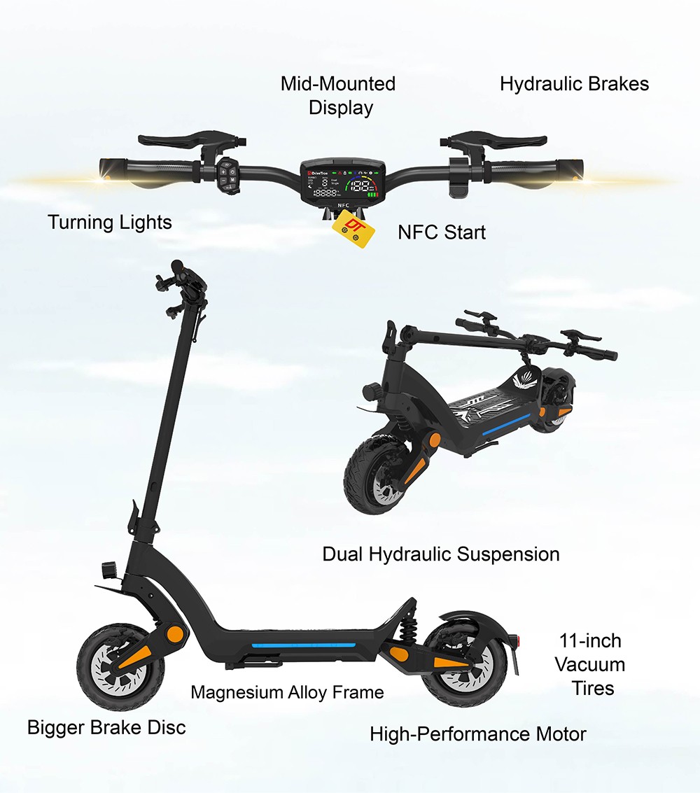 DT06 Elektrický skúter, 1900W motor, 60V 18.2Ah batéria, 11-palcová pneumatika, max. rýchlosť 60 km/h, dojazd 75 km, duálna hydraulická brzda & hydraulický pružinový tlmič