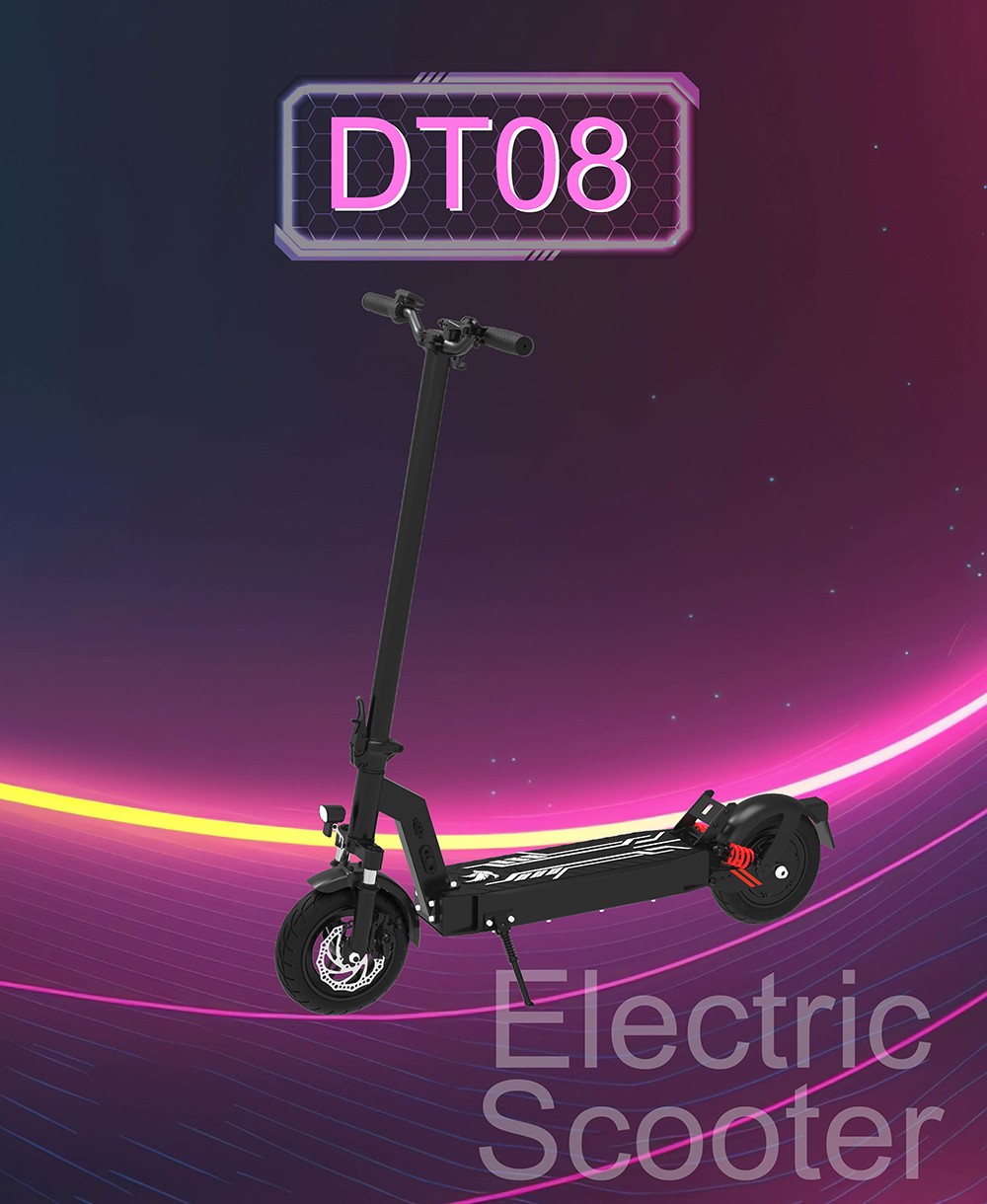 DT08 Elektrická kolobežka, 350W motor, 36V 10.4AH batéria, 10-palcová pneumatika, max. rýchlosť 30 km/h, dojazd 40 km, kotúčová brzda, predná & zadná pružinová tlmiaca 